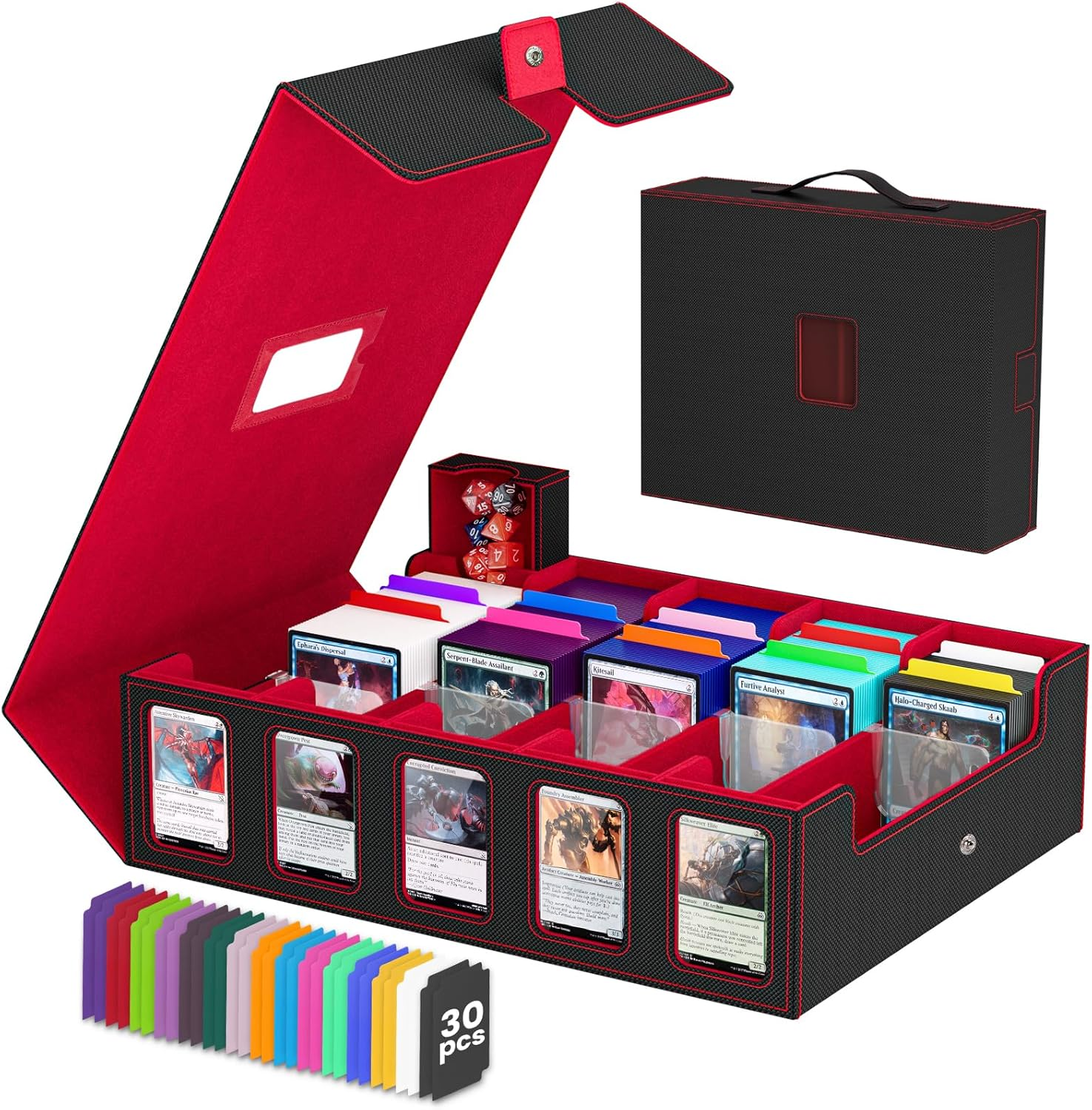 Trading Card Storage Box, 5 Row Card Deck Case with Commander Display & Portable Handle, 4200+ Card Deck Boxes Compatible for MTG TCG Magic Cards, 30 Divider, 8 Supporters, 1 Dice Tray (Black & Red)