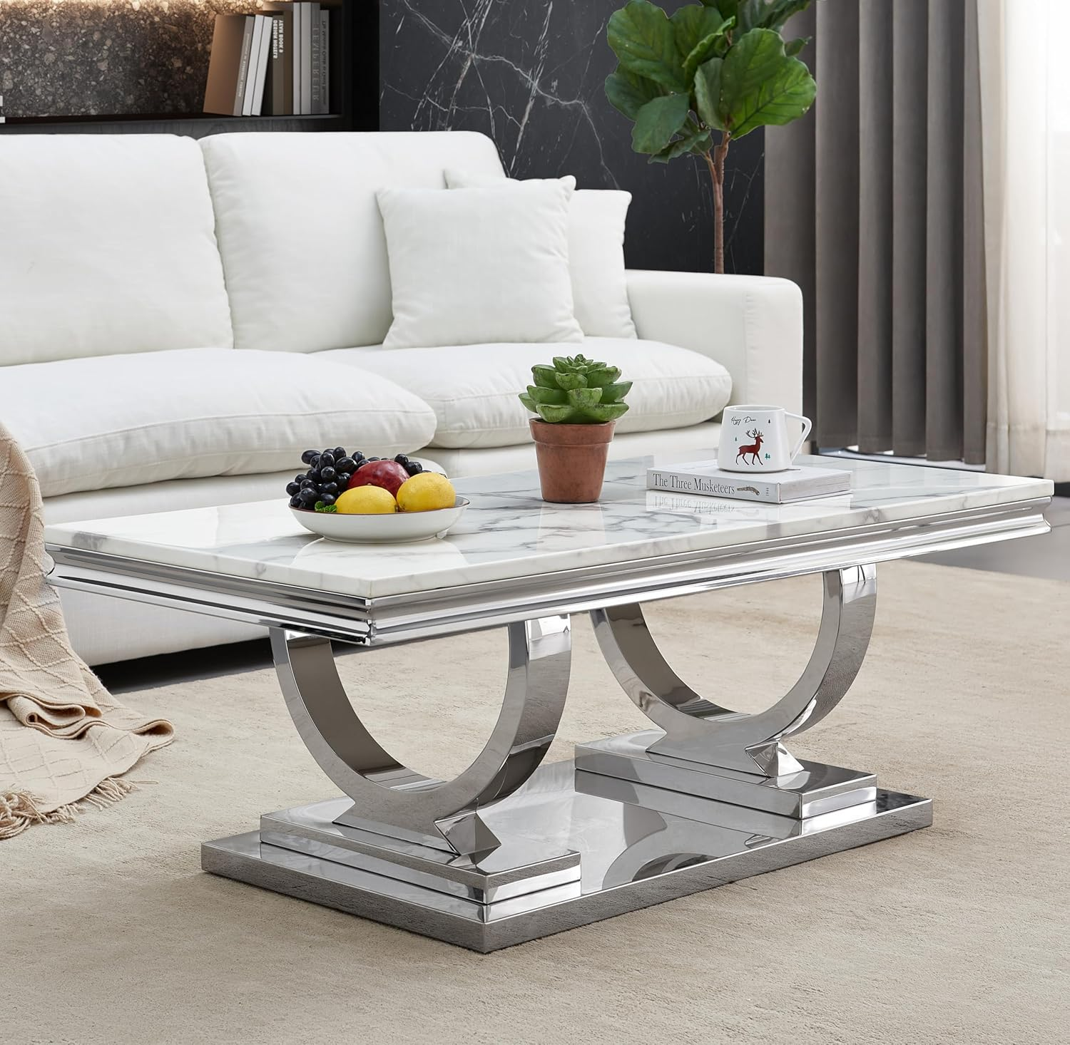 Marble Coffee Table Modern Luxury Center Coffee Table with Silver U-Shape Stainl