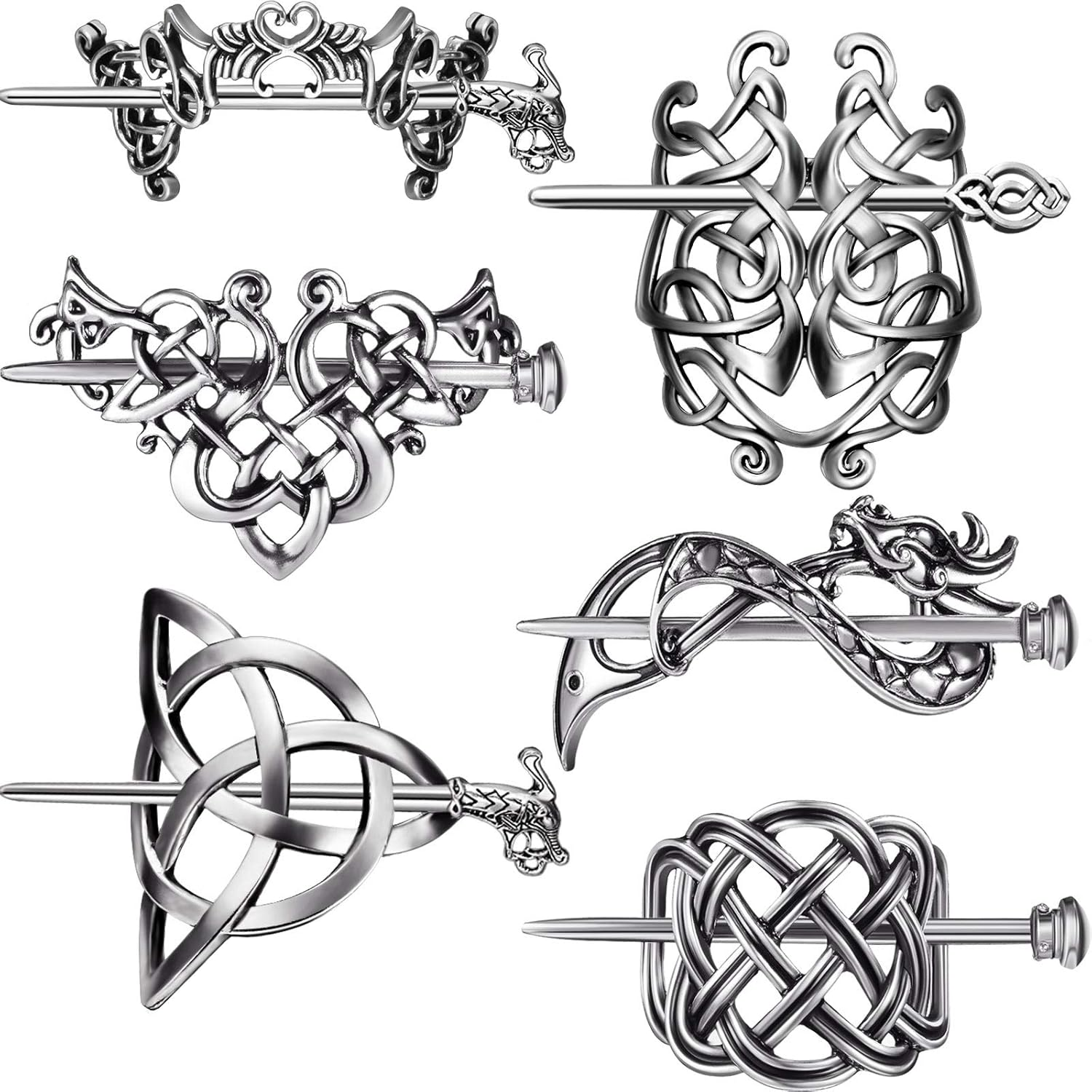 6 Pieces Silver Celtic Hair Slide Hairpins Viking Celtic Hair Clips Knot Stick Vintage Metal Barrette Pin Retro Accessories for Women