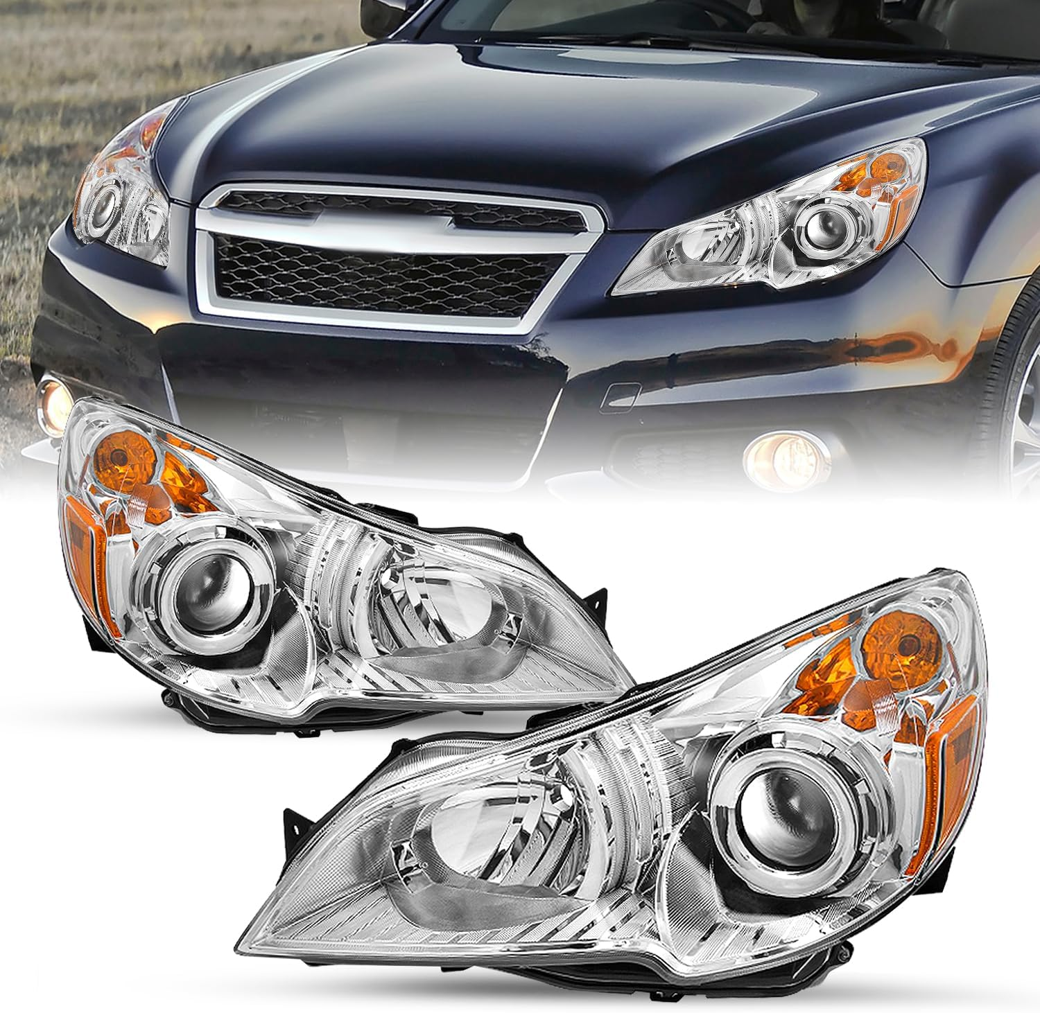 Headlight Assembly Compatible with 2010 to 2014 Subaru Legacy/Outback Projector Halogen Headlamp Passenger and Driver Side Chrome Housing