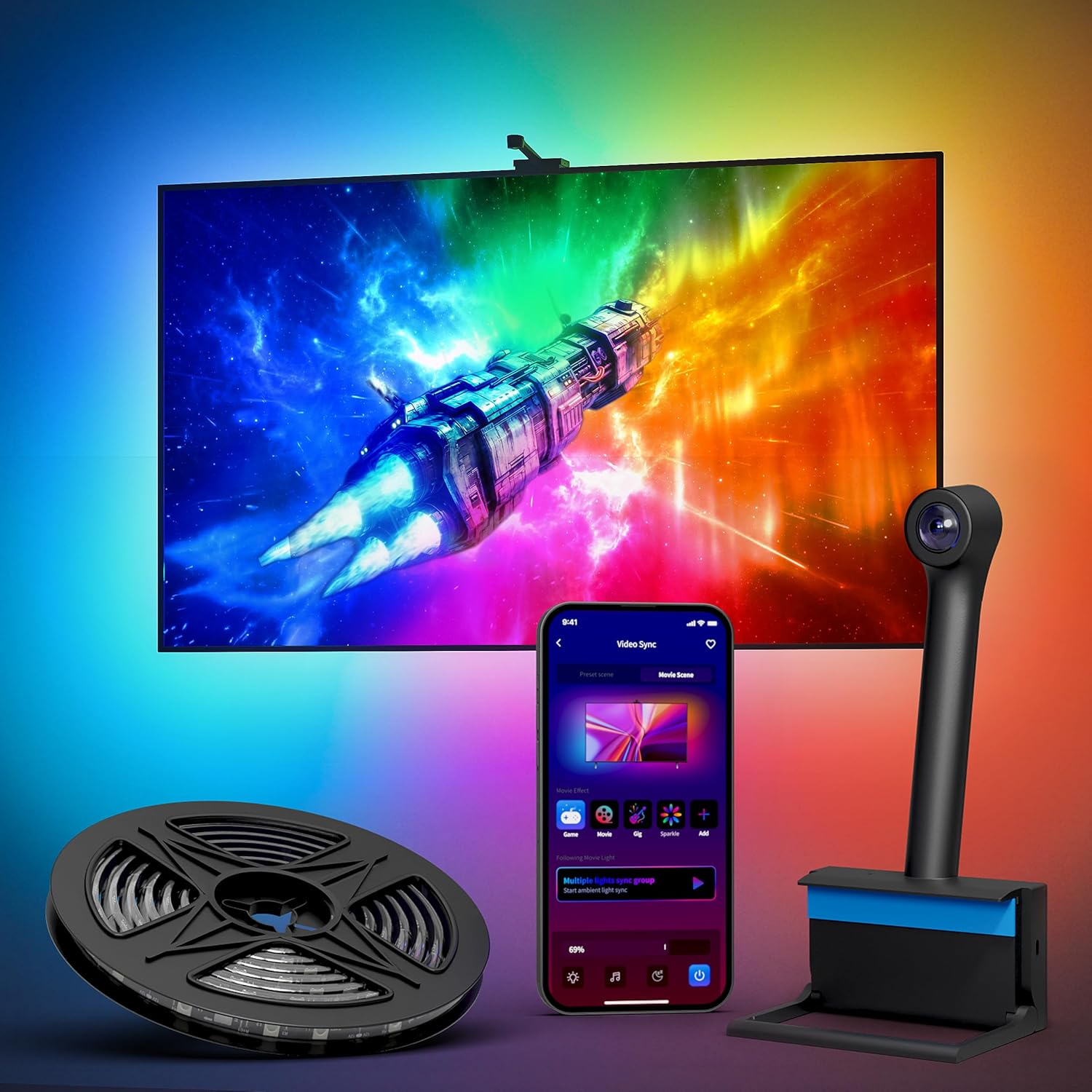 Ailofy TV LED Backlight with HD Wide-Angle Camera for 75-85 Inch Tvs, Full-Screen Color Sync Lights for Gaming, Movies & Streaming, App Control, Works with Alexa & Google Assistant