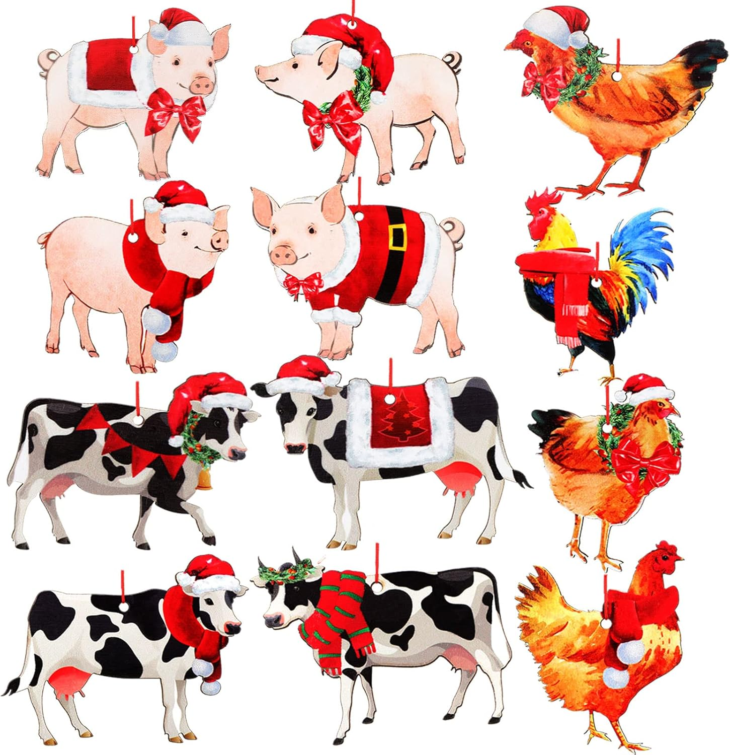 12 Pieces Christmas Farm Animal Ornament Cow Ornament Wooden Christmas Tree Hanging Decorations for Farmhouse Xmas Tree Decor (Farm Animals)