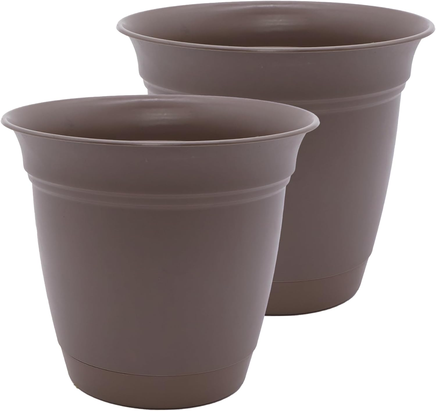 16 Inch Eclipse round Planter Pots with Drainage Holes & Attached Saucer, Lightweight Uv-Resistant Plastic Outdoor Planters, 2-Pack Flower Pots for Garden & Home Decor, Cappuccino