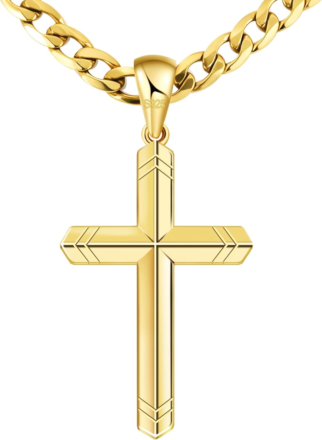 925 Sterling Silver Cross Necklace for Men, 18K Gold over Real Silver Cross Pendant Necklace with 4.5MM Durable Stainless Steel Cuban Link Curb Chain Shiny Cross Necklaces 16-28 Inches