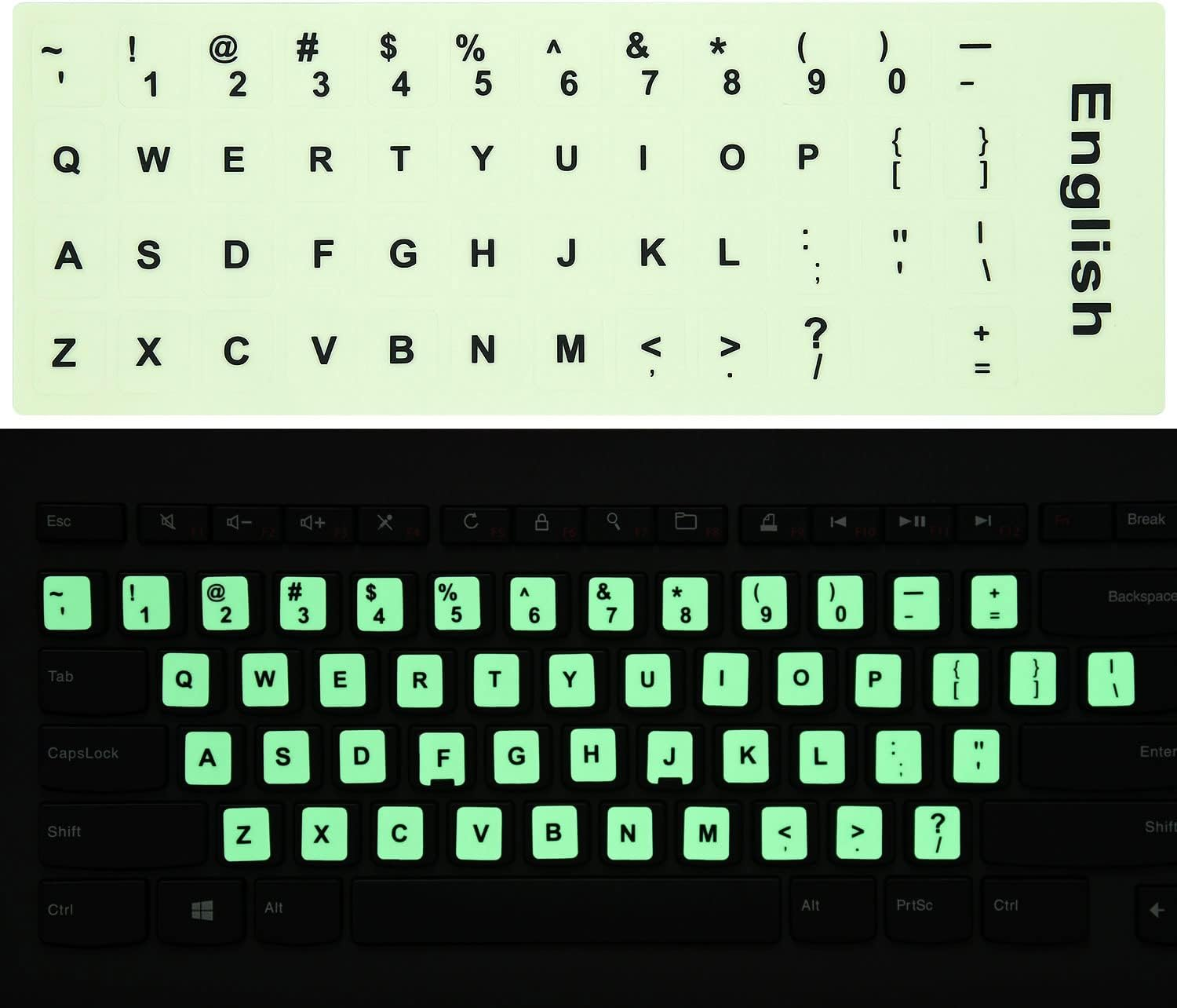 2PCS Pack Universal English Keyboard Stickers Glow in the Dark, Keyboard Letters Stickers for Computer Laptop Notebook Desktop (English-Glow)