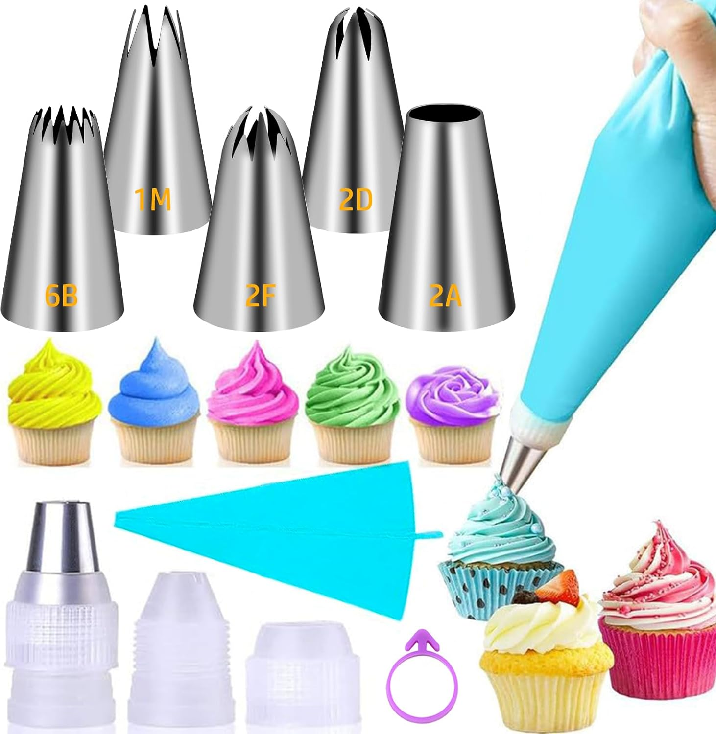 Large Piping Tips Set, Stainless Steel Cake Decorating Tips, Large Pastry Tips and Piping Bags, Frosting Icing Tips for Cupcakes, Cake, Cookie (1M 2D 2F 6B 2A)