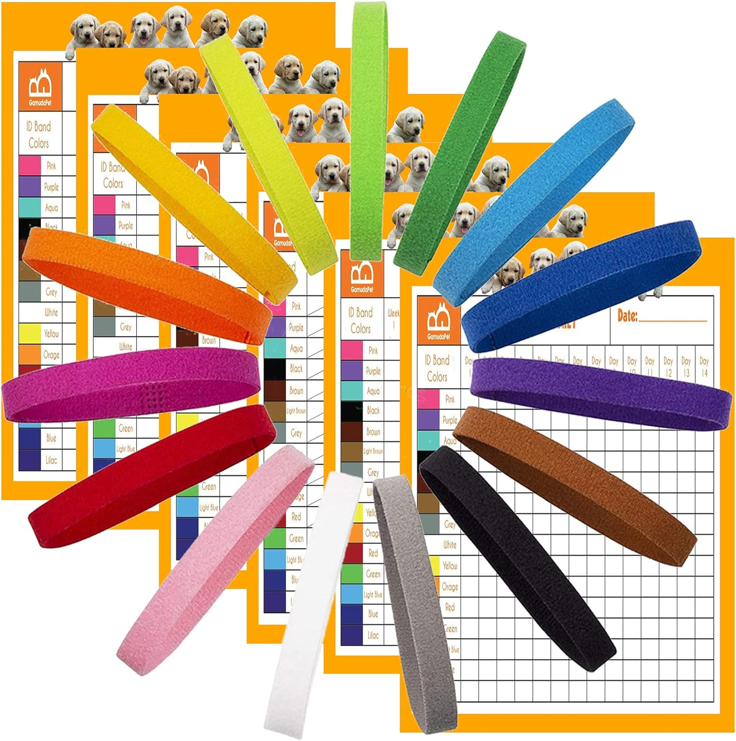 15Pcs Newborn Puppy Collars, Super Soft Nylon Adjustable Whelping ID Bands, Assorted Colors Litter Identification Set with 6 Record Keeping Charts
