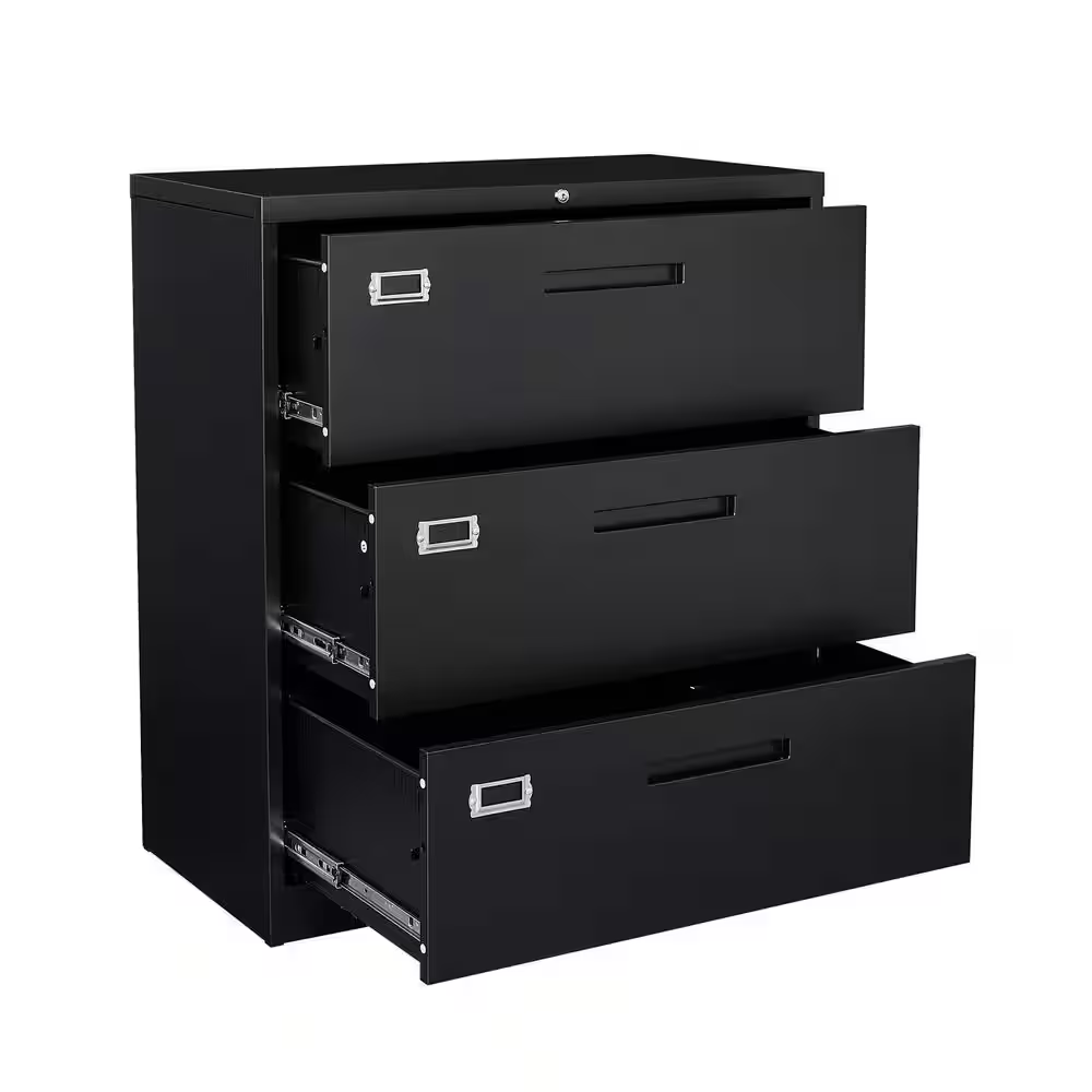 3 Drawer Lateral Cabinet Black Metal Cabinet Storage Filing Legal Letter File Folders 15.7