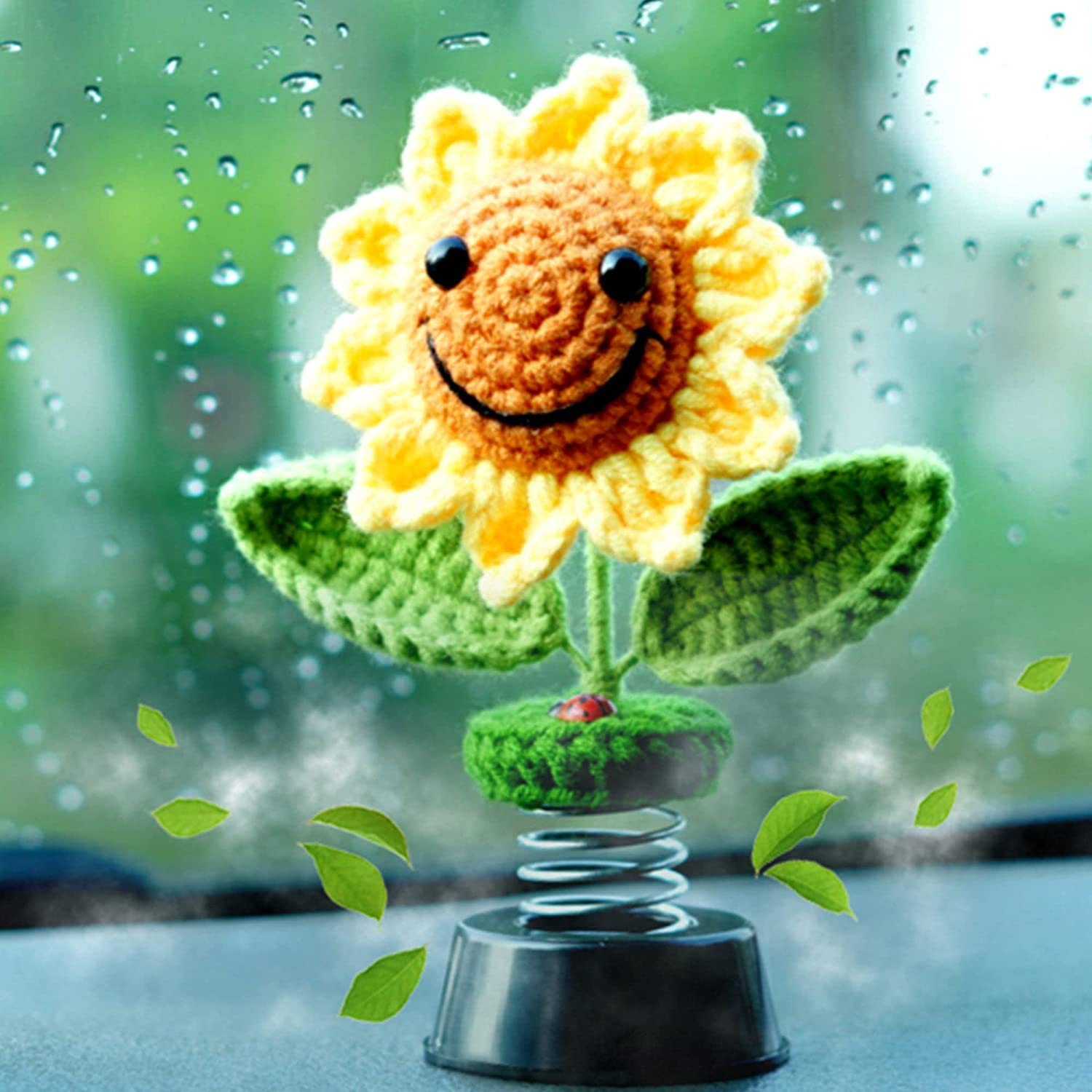 Sunflower Car Accessories Dashboard Decorations, Crochet Smiley Shaking Sun Flowers Bobblehead Dashboard Car Decor for Women, for Cute Girl Car Interior Desk Ornaments Gifts (H 5.2 In)