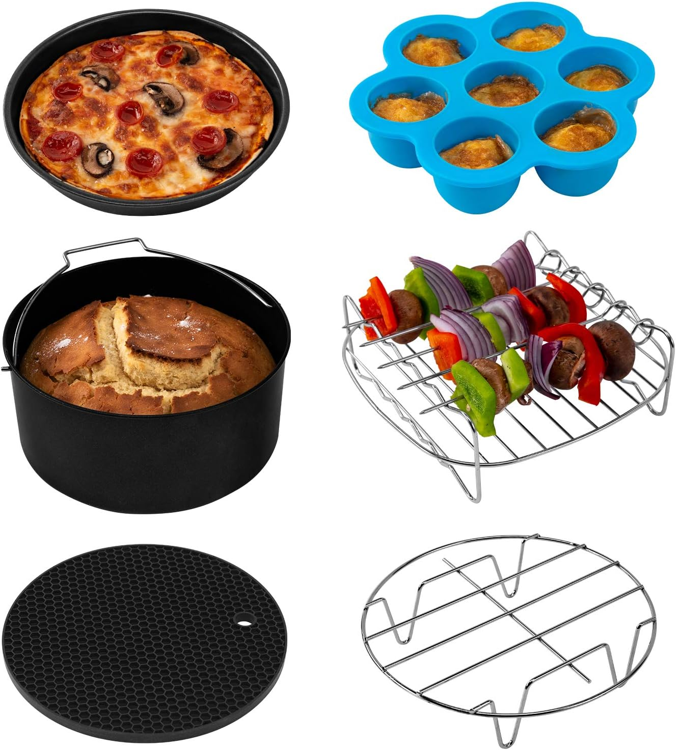 Air Fryer Accessories, Set of 6 Perfect for Most 5.0 Qt and Larger Ovens, Cake & Pizza Pan, Metal Holder, Rack & Skewers, Etc, BPA Free, Nonstick, Dishwasher Safe, 5.8 QT, Black