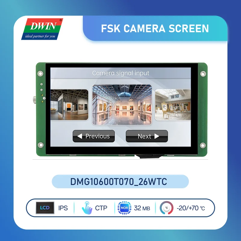 7 inch 1024*600 Pixels Resolution 16.7M Colors IPS TFT LCD Display Supports FSK Camera DMG10600T070_26W