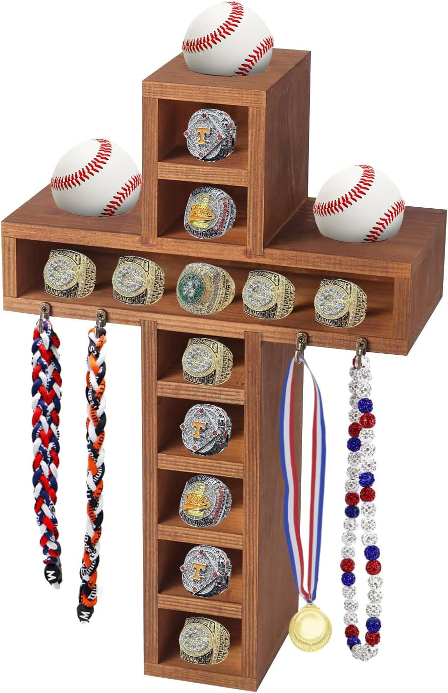 Cross Baseball Ring Display Case with 4 Hooks and 3 Baseball Display Location,Baseball Ring Holder Wall Mount with 12-Slot for Display Softball,Golf,Drip Necklace,Championship Rings - 13.7 X 9 In