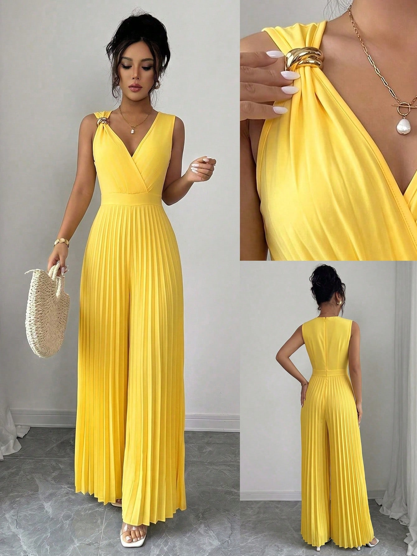Forza Elenzga Women'S Elegant Commuter Yellow V-Neck Sleeveless Metal Jumpsuit