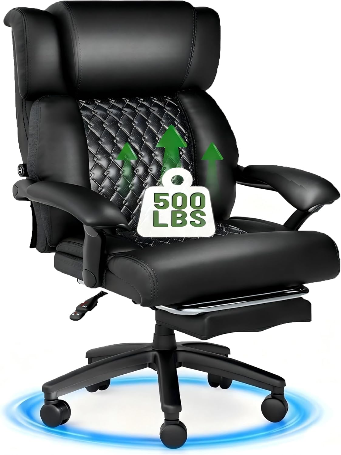 500Lbs Big and Tall Office Chair, Ergonomic Heavy Duty Chair with Adjustable Lumbar Support & Backrest, Executive Leather Office Chair with Wide Armrests and Wheels (Black)