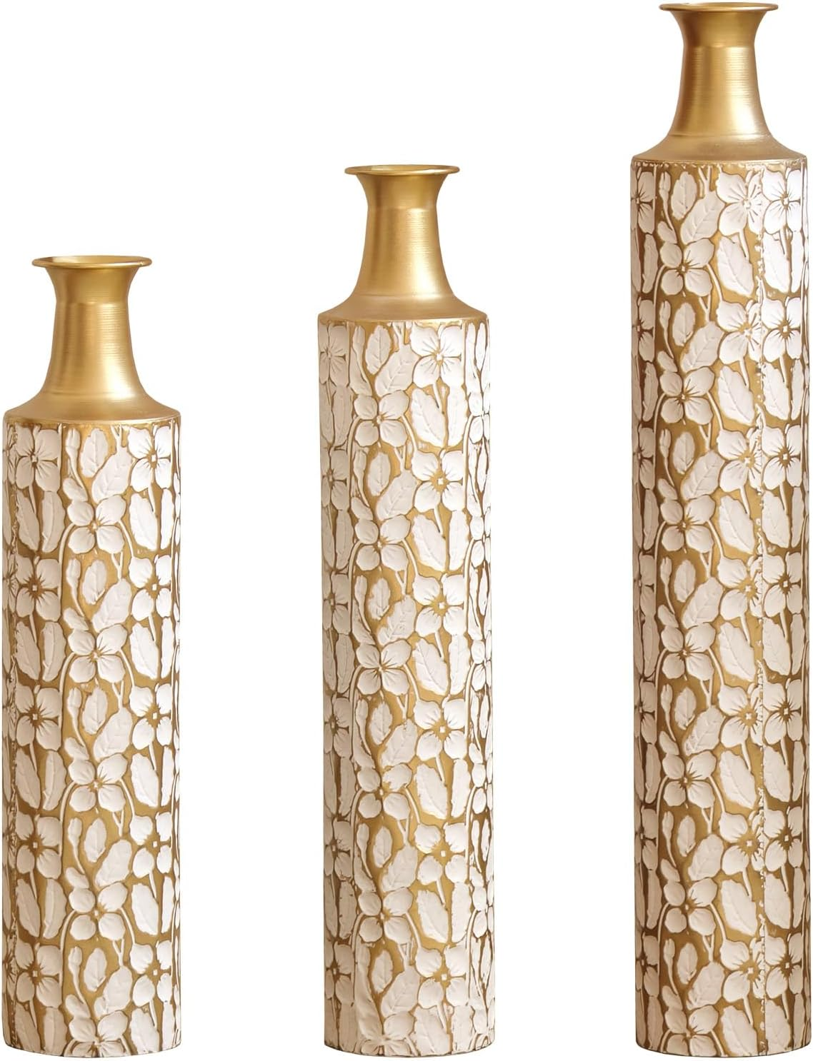 Tall Floor Vase - 3 Sizes (24/28/32 Inch) Gold & White Floral Pattern Decorative Vase for Home Living Room Bedroom Decor, Ideal Mother’S Day Present for Mom