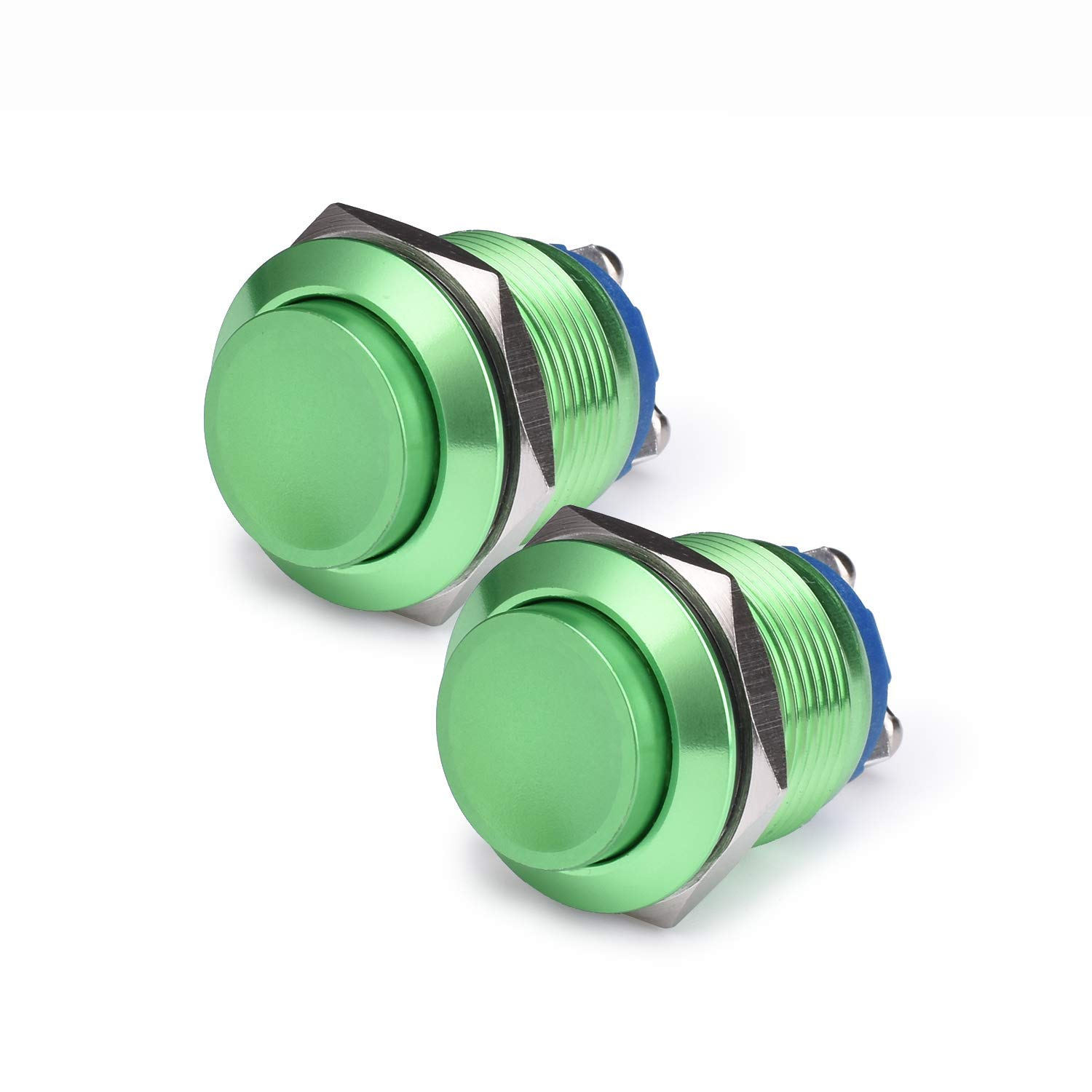 19MM Momentary Push Button Switch 5A Aluminium Alloy Shell 12V 24V 36 DC 110V 250V AC 5A 1NO SPST Screw Terminal 2PCS (Green Shell)