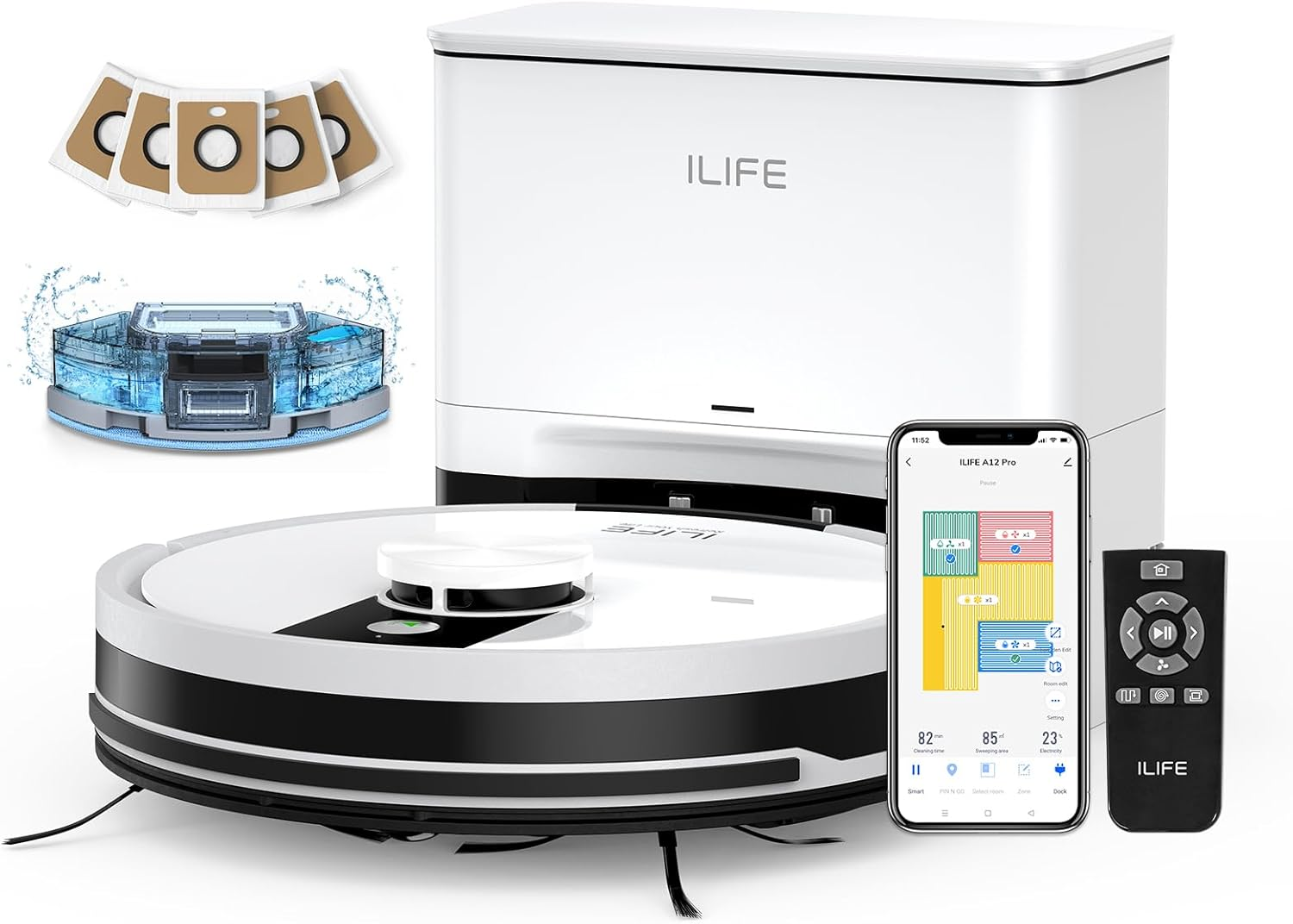 ILIFE A12pro Robot Vacuum Cleaner and Mop,Self Emptying Station for 60 Days,LiDAR Navigation, Home Mapping, No-Go Zones, 2.4G WiFi/App/Alexa/Remote Control, for Hard Floors (A12 pro)
