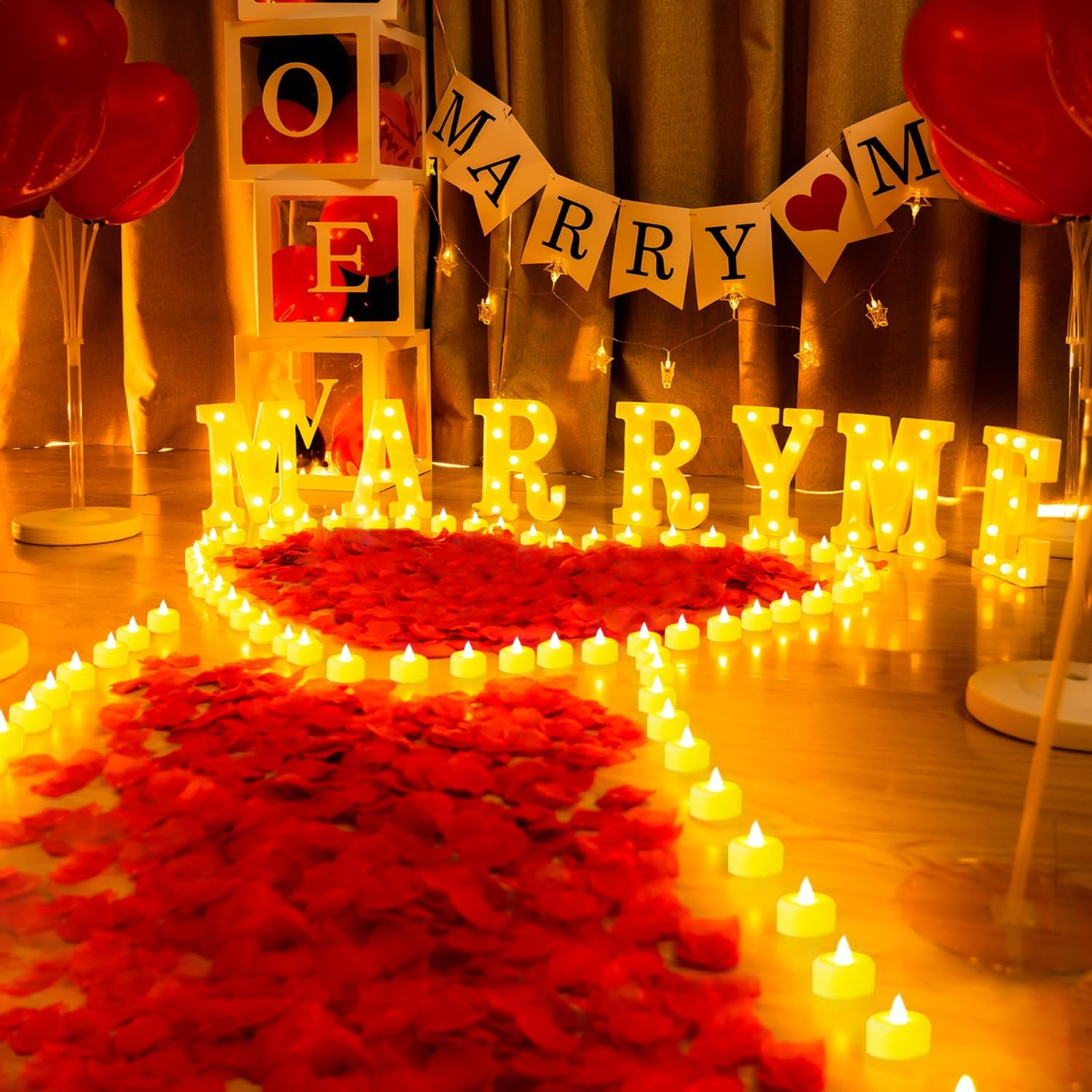 Marry Me Light up Letters Proposal Decorations, Marry Me Sign with 24Pcs Flameless Candles 2000Pcs Red Fake Rose Petals 30Pcs Red Balloons for Valentine'S Day Wedding Proposal Romantic Night