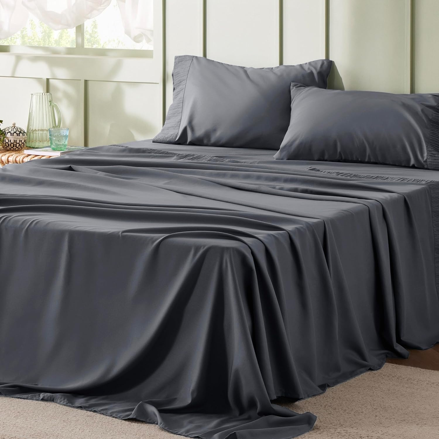 Bedsure California King Sheet Sets - 4 Pieces Soft Cal King Sheets - Breathable & Cooling - Hotel Luxury - Easy Care Polyester Microfiber Bedding for Kids, Women, Men, Dark Grey