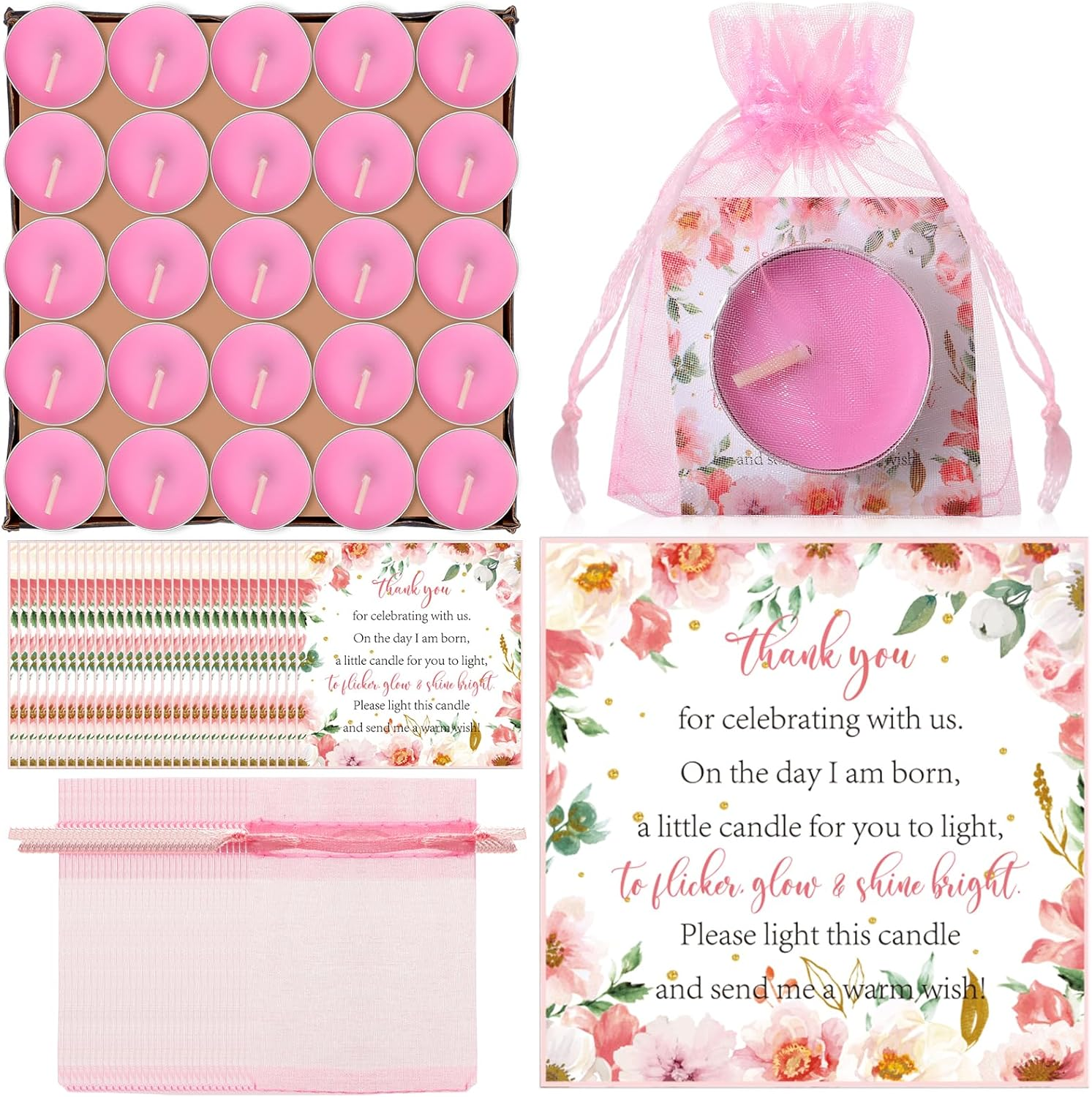 50 Sets Baby Shower Candle Party Favors for Guests Including 50 Pcs Mini Tea Light Candles Thank Tags and Return Gift Bags for Baby Shower Gender Reveal Party Supplies(Pink,Flowers)