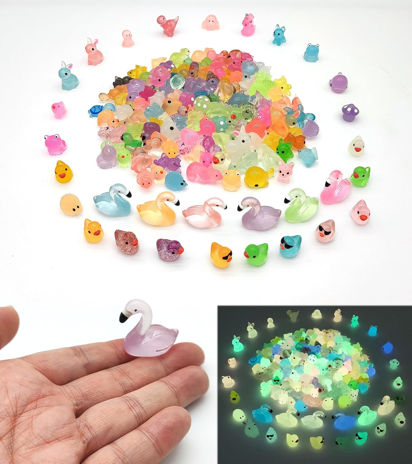 150Pcs Mini Resin Animals Figures to Hide Luminous Tiny Animals Ducks Dinosaurs Flamingos Miniature Figurines Glow in the Dark for Fairy Garden Dollhouse Landscape Aquarium Potted Party Favor Decor
