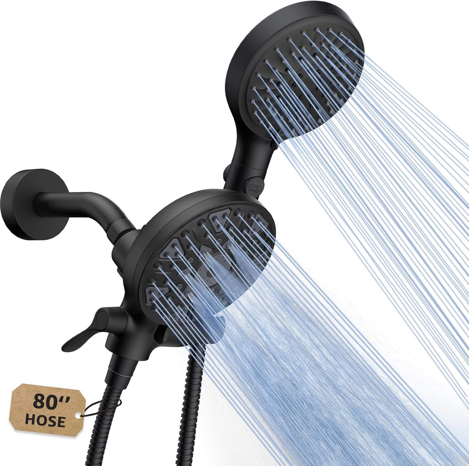 Dual 2-In-1 Handheld Shower Head Combo with 80" Long Hose, Black | Enjoy 6-Setting Rain Shower & 6-Mode Handheld Shower Separately or Together, ON/OFF Switch for Pets Bath