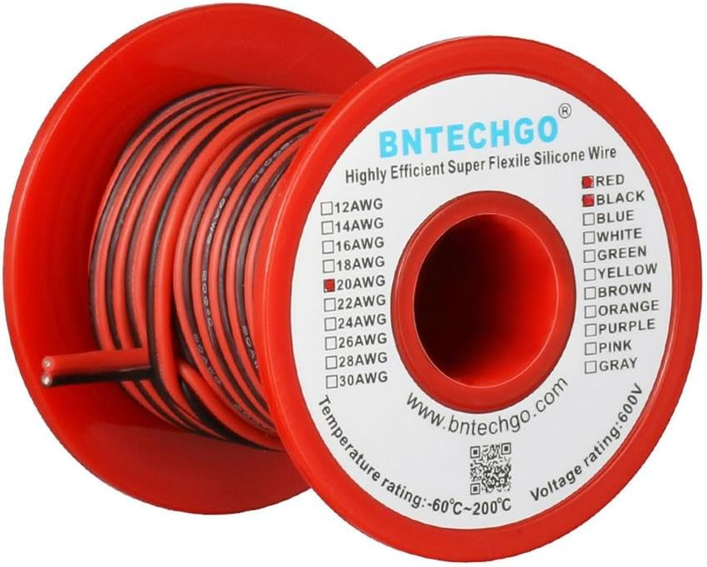 20 Gauge Flexible 2 Conductor Parallel Silicone Wire Spool Red Black High Resistant 200 Deg C 600V for Single Color LED Strip Extension Cable Cord,Model,25Ft Stranded Tinned Copper Wire