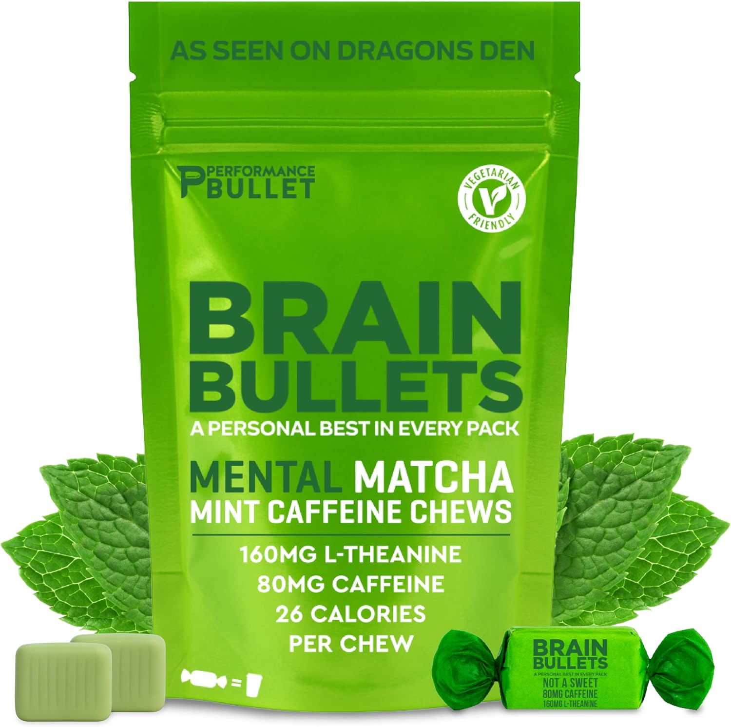 160Mg L-Theanine + 80Mg Caffeine Chews – Mint Matcha Flavour, Increases Productivity, Mental Clarity, Alertness | 2 Packs - 16 Servings | Brain Bullet | Energy Gum & Focus Gummy Upgrade