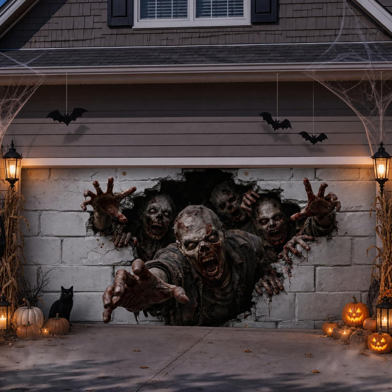 7 X 16 Ft Zombie Halloween Garage Door Cover Scary Backdrop | Hanging Backdrop for Indoor Outdoor Wall Party, Realistic Breakthrough Design, Waterproof Durable during Holiday Decoration