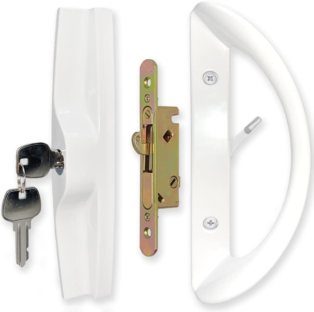 Patio Sliding Door Handle Set with Mortise Lock, Key Cylinder and Face Plate, Full Replacement Handle Lock Set Fits Door Thickness from 1-1/2