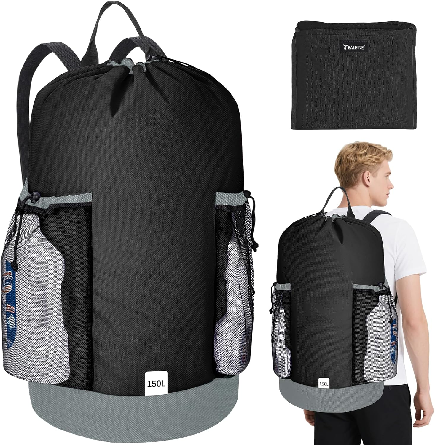150L Laundry Bag Backpack, 900D Oxford Fabric Large Travel Laundry Bags with Shoulder Straps and 2 Mesh Pockets for College Dorm, Apartment, Laundromat (Black, 150L)