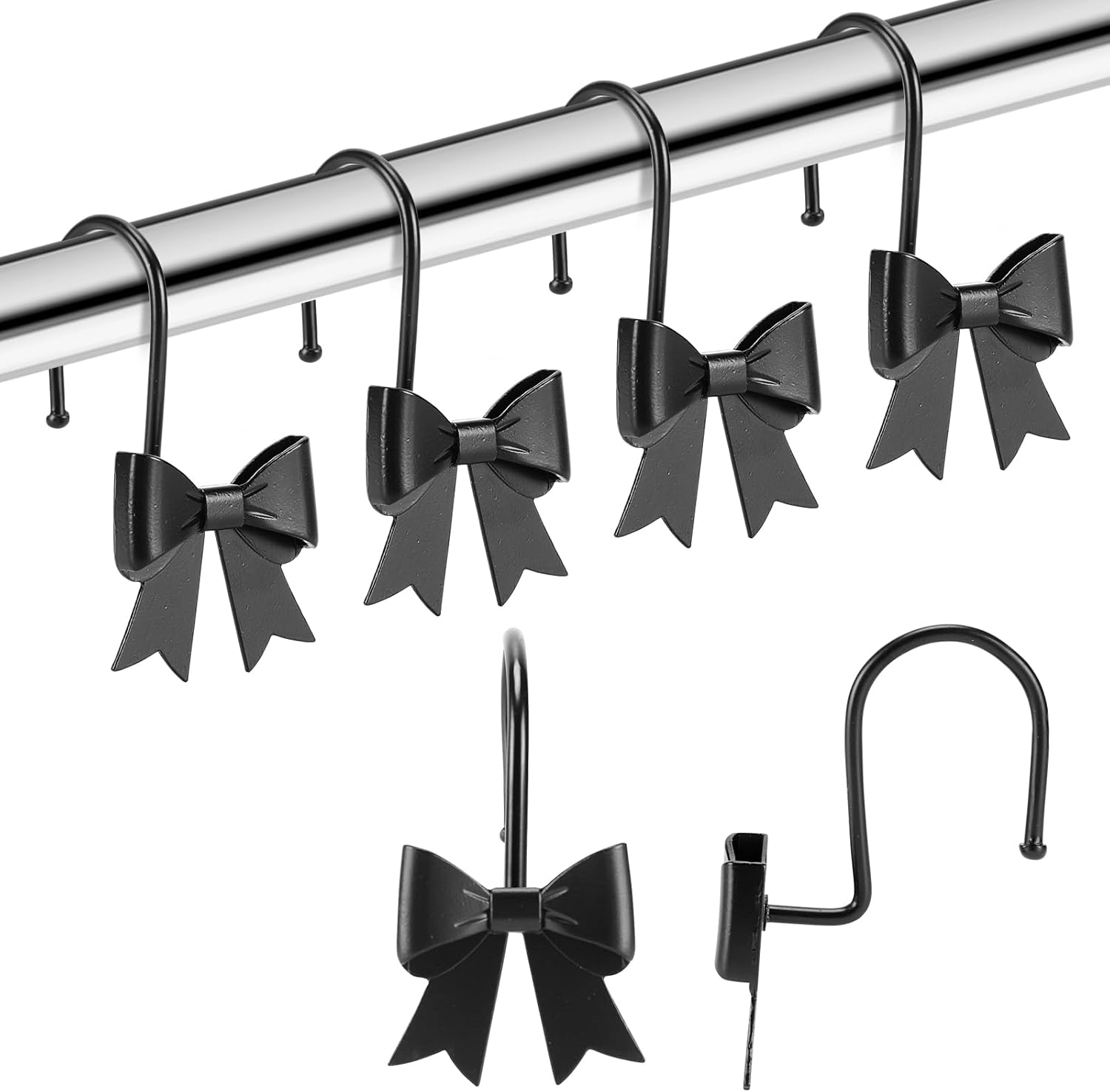Metal Bow Shower Curtain Hooks, 12 Pack, Rustproof Decorative Rings (Black)