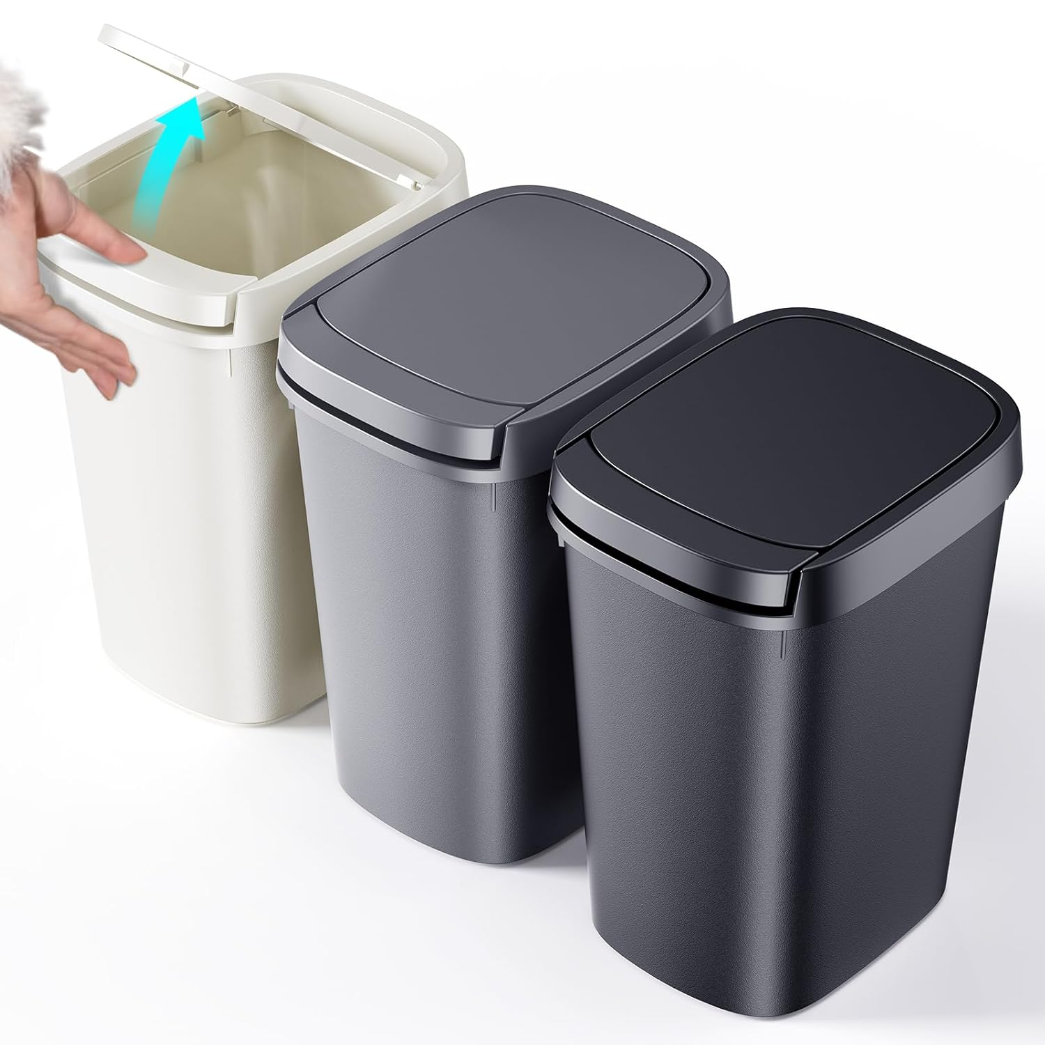 3 Pack Bathroom Trash Can with Lid, 10L/2.6 Gal Small Garbage Can with Press Top Lid, Slim Plastic Waste Basket for Toilet, Office, Bedroom (Muti 1, 3 Pack)
