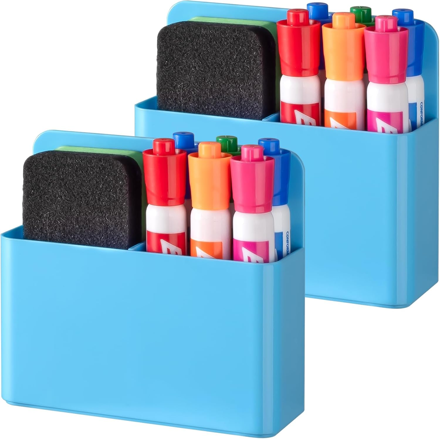 2 Pack Plastic Magnetic Pen Holder for Refrigerator, Dry Erase Marker Holder for Whiteboard，Magnet School Locker Organizer Accessories, Pencil Cup, Pen Caddy, Classroom Organization(Blue)