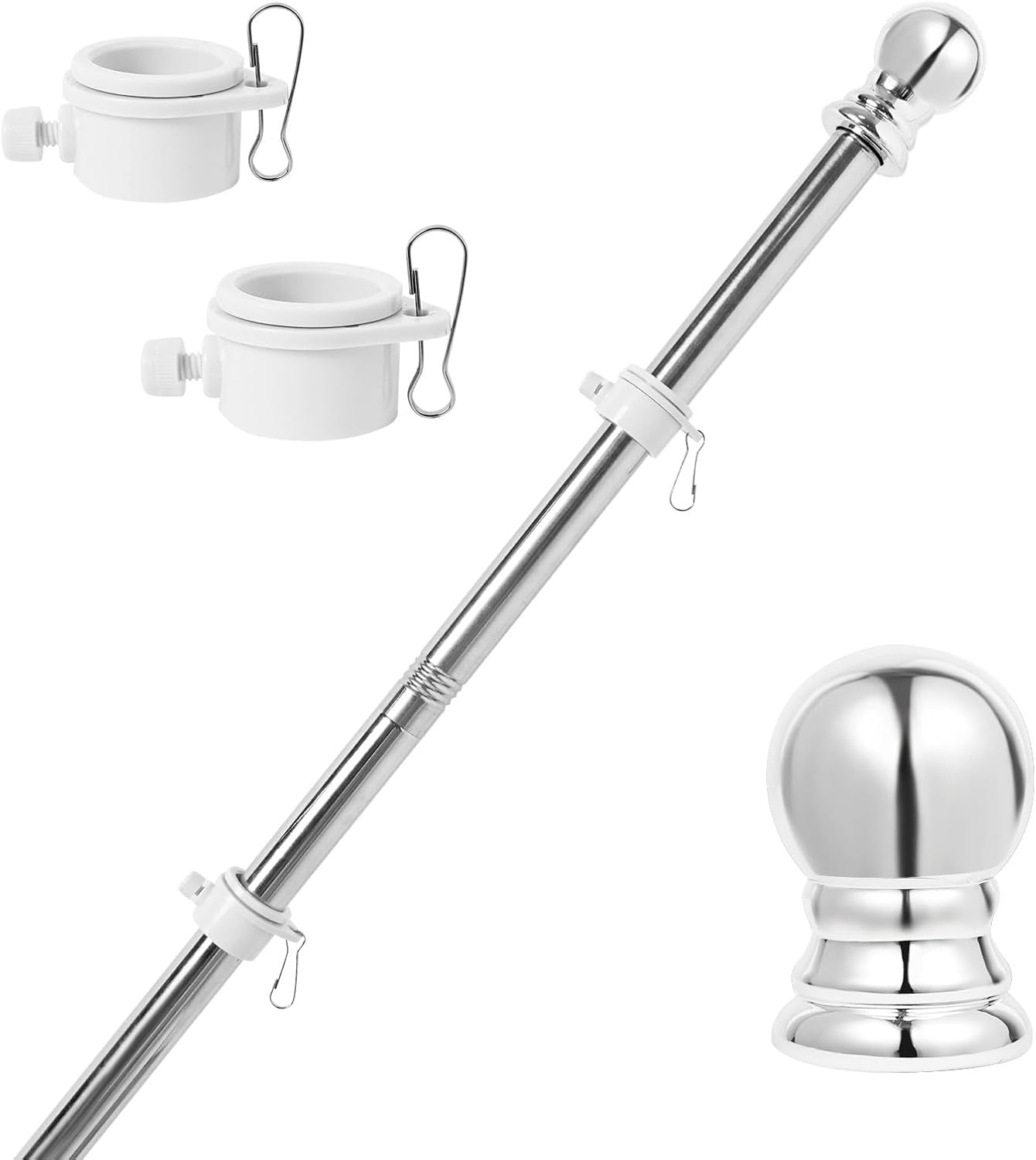 Flag Pole Kit 5ft Flag Pole for Outside House, Flag Poles with Tangle Free Flag Pole Rings for 3x5 American Flag Mounting Bracket Stainless Steel Heavy Duty for Yard Truck Boat(Without Bracket)