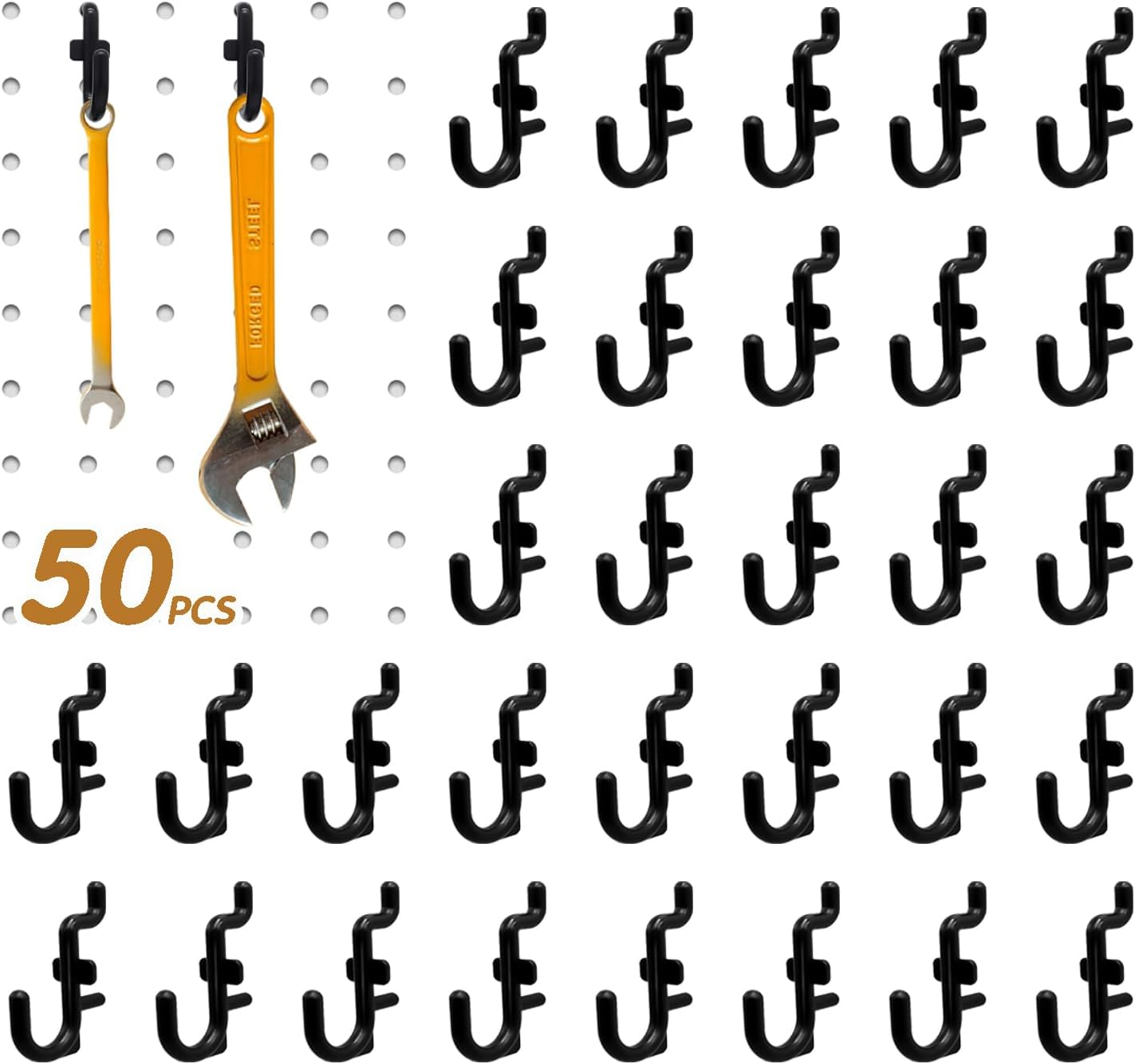 50PCS Pegboard Hooks Plastic Peg Board J Hooks for Hanging Black Pegboard Hooks J Hook Accessories, for 1/4