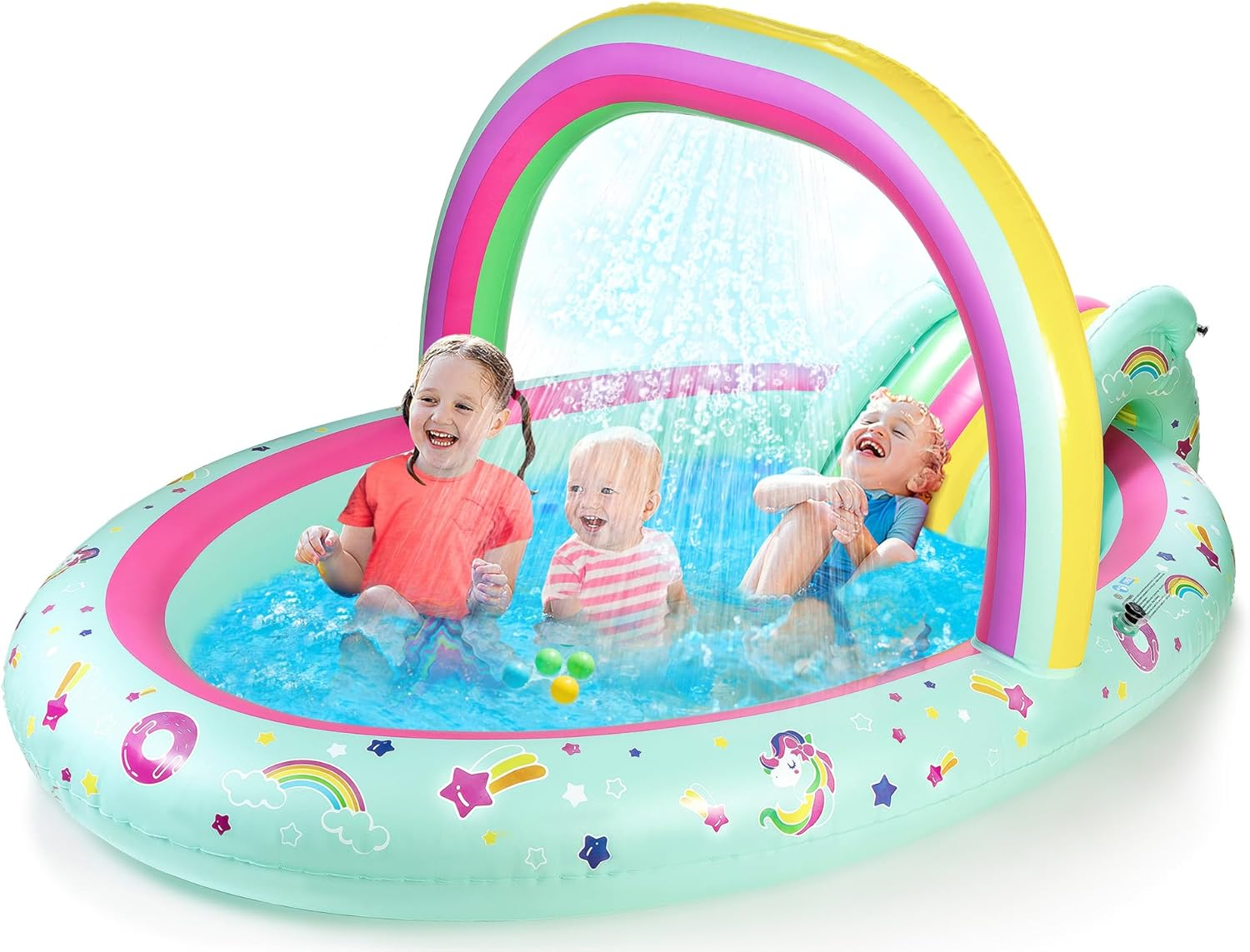 Rainbow Unicorn Inflatable Play Center Kiddie Pool with Slide and Sprinkler for Children, 96''X59''X39''In Baby Pool for Backyard and Garden