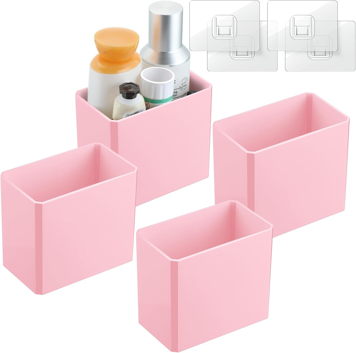 4 Pcs Wall Mounted Organizer Non-drilling Adhesive Floating Shelf Wall Bin Organizer Hanging Storage Containers for Bedroom Bathroom Kitchen Office (Pink)
