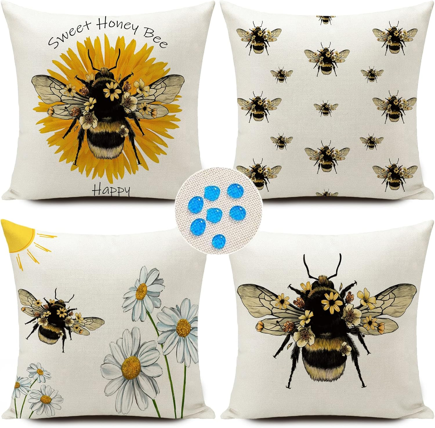 Bee Decor Pillow Covers Bee Decorations for Home Gifts for Women Summer Throw Pillows Case Outdoor Waterproof Decorative Cushions 18X18 Inch Set of 4 Patio Furniture Garden Sofa Couch