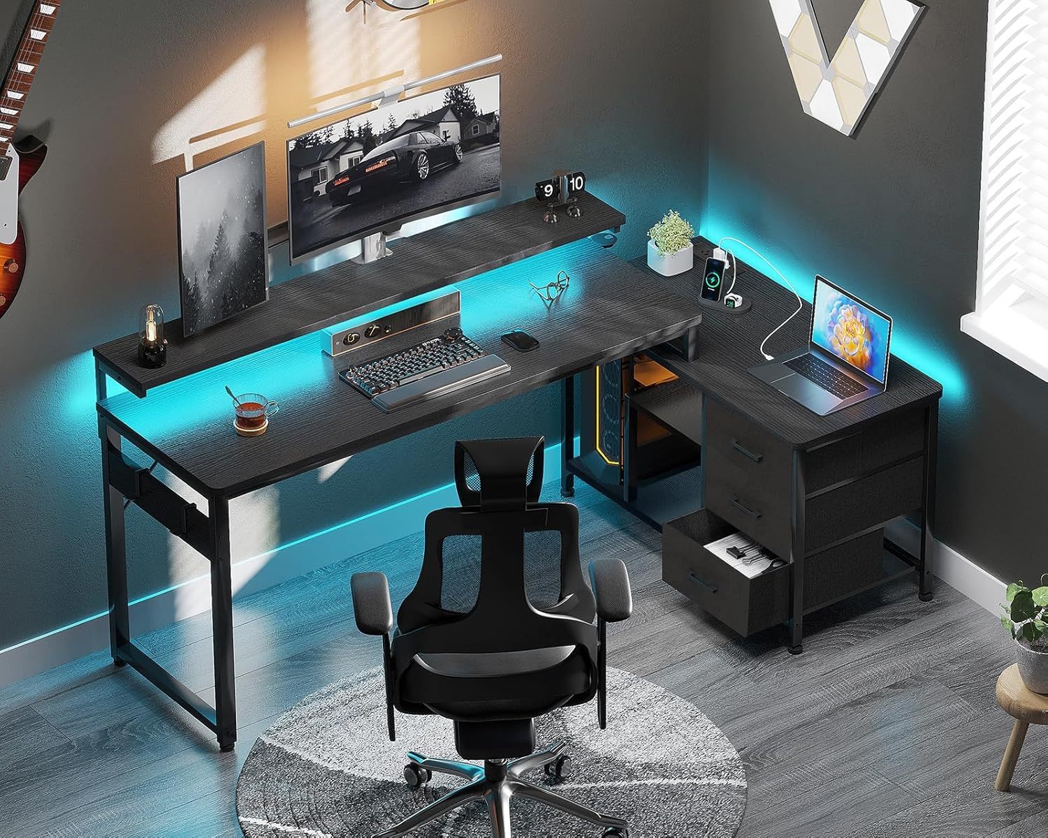 ODK L Shaped Gaming Desk with Drawers 174x100cm, Corner Desk with Storage for... - Picture 8 of 14