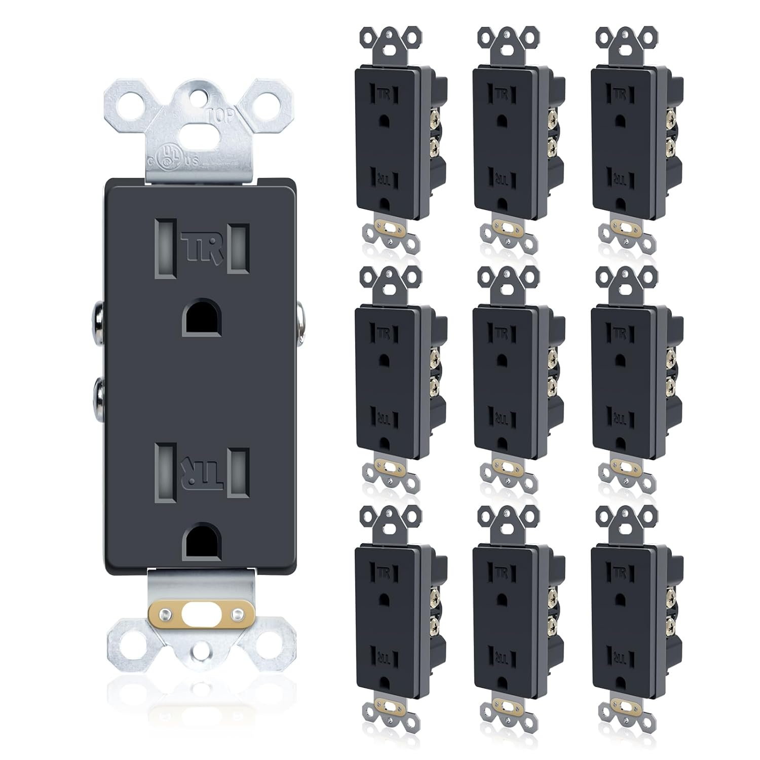 10Pack Decor Receptacle Outlet, 15 Amp 125V Standard Electric Socket, 2 Pole 3 Wire, Tamper Resistant, Self-Grounding Residential Grade, UL Listed, Black