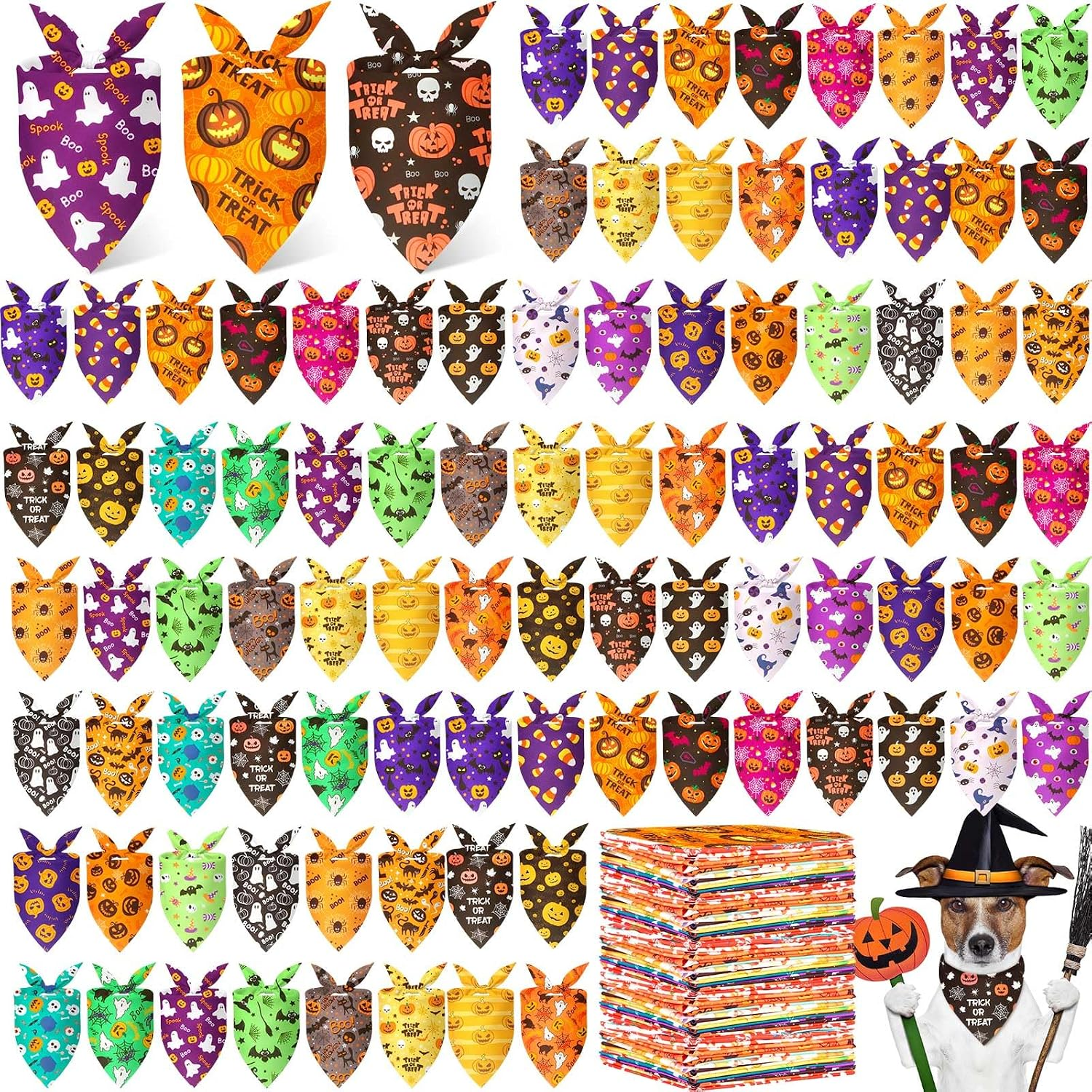 Preboun 200 Pcs Halloween Dog Bandanas Bulk, Pumpkin Ghost Bat Spider Web