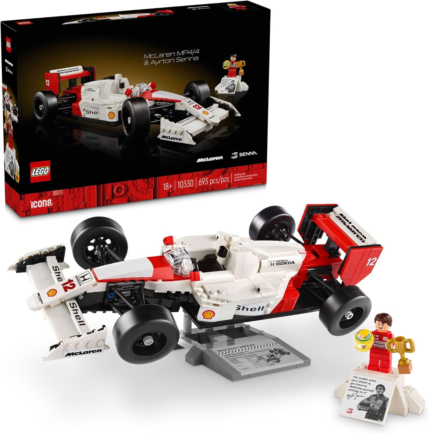 LEGO Icons Mclaren MP4/4 & Ayrton Senna Minifigure Model Car Kit - Buildable F1 Mclaren Set for Adults, Ages 18+ - Gift for Graduation - 10330
