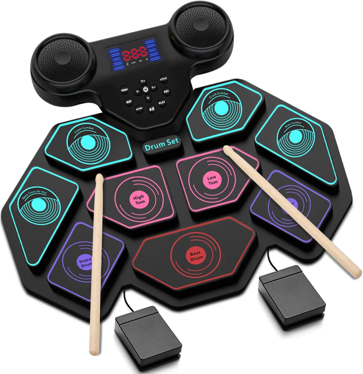 Electronic Drum Set -  Electric Drum Set Roll up Portable Drum Kit MIDI Practice Drum Pad with Dual Built-In Speaker, Drum Sticks and Pedals, Christmas Birthday Gift for Kids Adult