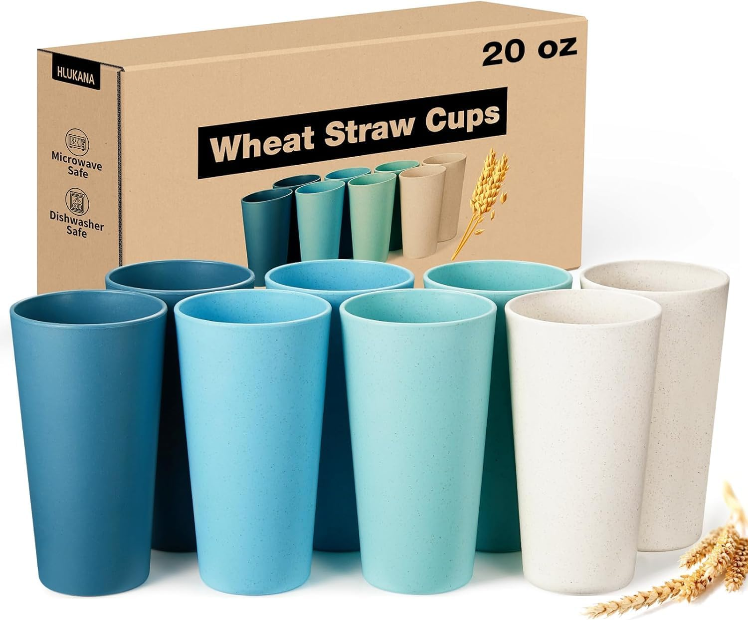 Wheat Straw Cups Set of 8, 20 Oz Unbreakable Drinking Cup, Chip Resistant Cups, Reusable Water Cup Set, Large Cups for Kitchen, Camping, BPA Free Cups, Dishwasher & Microwave Safe Tumbler Cups