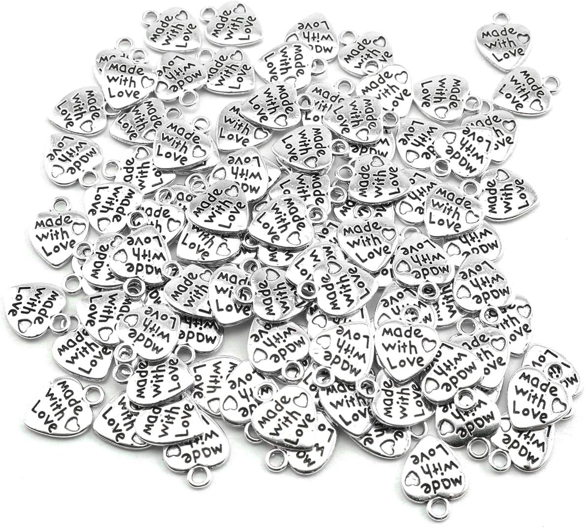 heyous 100pcs Heart Shape Charms Handmade Metal Labels Printed Ancient Silver