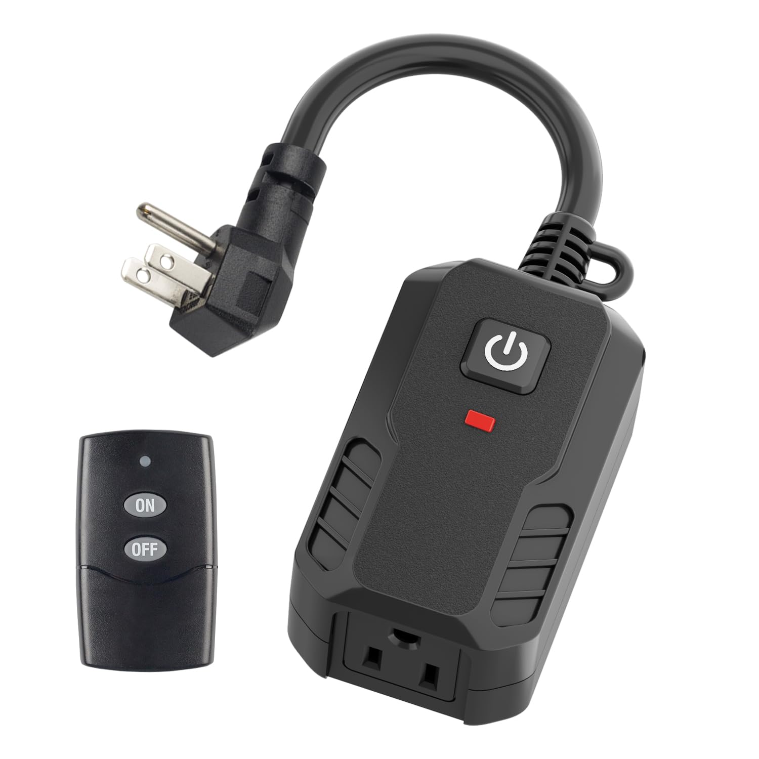 Outdoor Remote Control Outlet Plug Black,Indoor Wireless Outlet Switch Weatherproof Heavy Duty 15A 3-Prong 6-inch Cord 100Ft Range (Battery Included)