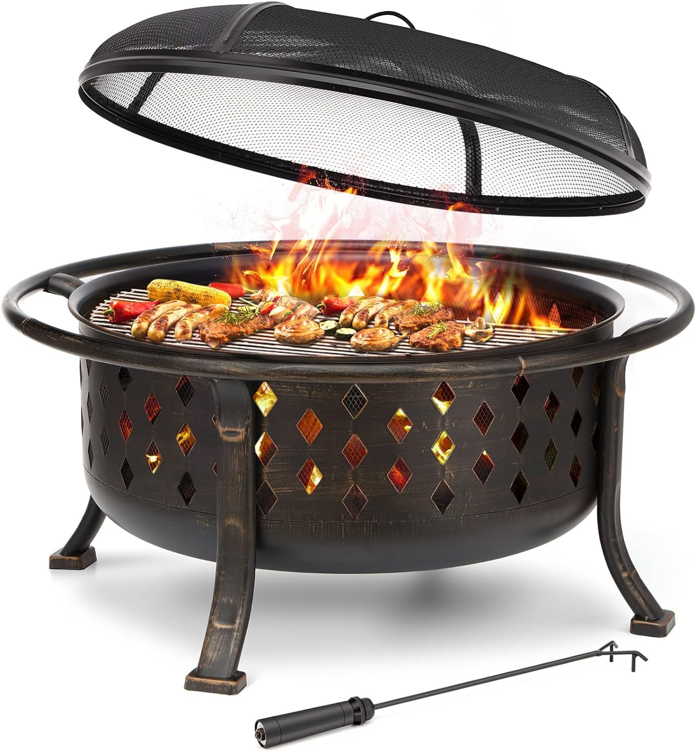 SINGLYFIRE 36 Inch Fire Pits for outside Large Outdoor Wood Burning Crossweave Firepit Heavy Duty Steel Bronze Bonfire Pit for Patio Backyard Garden with BBQ Grate,Spark Screen,Log Grate,Poker