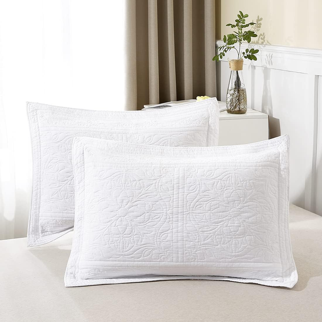 100% Cotton Quilted Pillow Sham Floral Printed Pillow Cover King Size, Set of 2, White