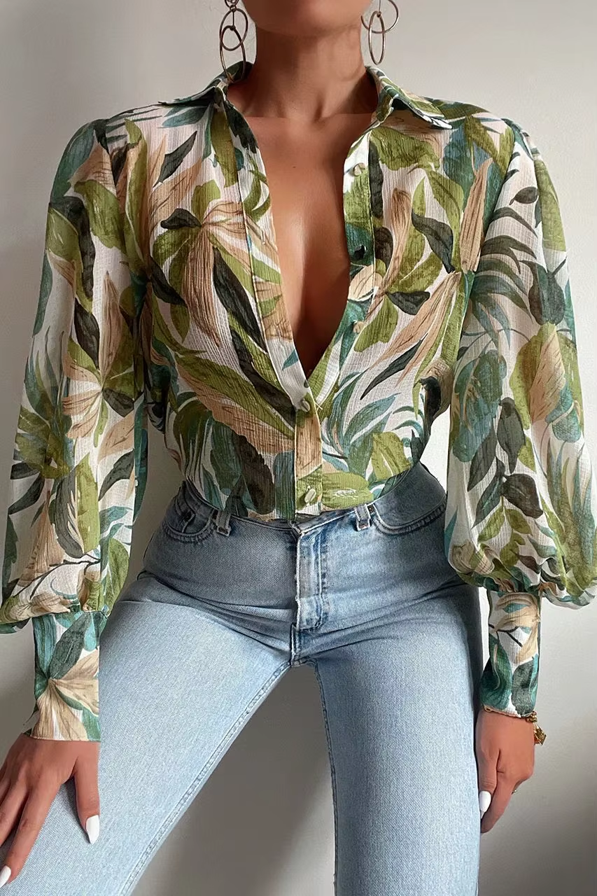 King Mcgreen Star Fashion Lapel Lantern Sleeve Blouses Office Lady Vintage Floral Print Shirts Tops Button up Long Sleeve Shirt
